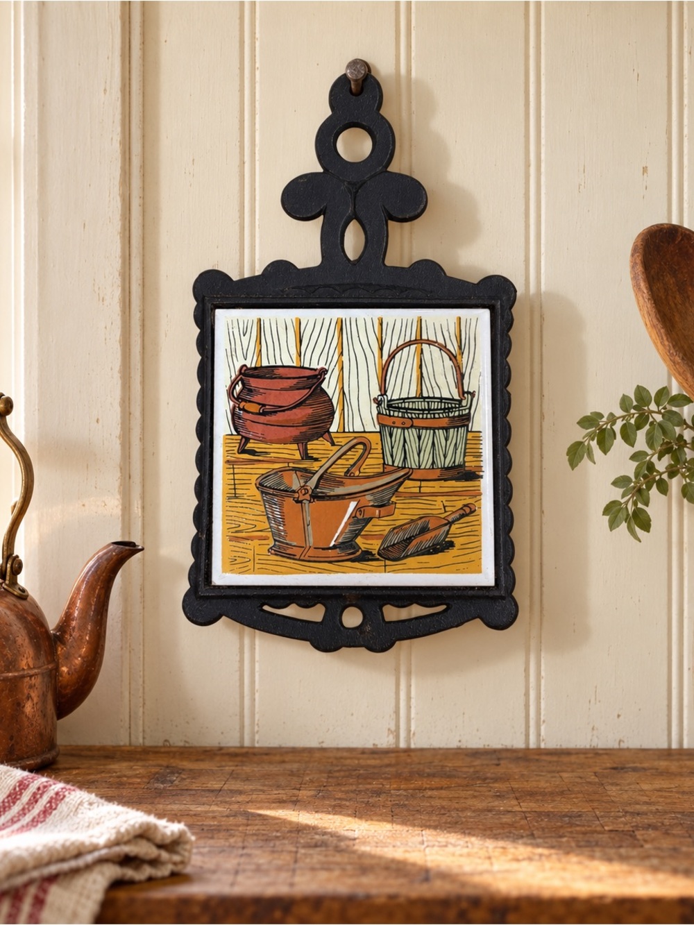 Vintage Taiwan Cast Iron Ceramic Tile Trivet Fireplace Hearth Tools Wall Decor